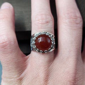 Size 6.5 Sterling Silver Ornate Brown Red Semi Precious Stone Ring